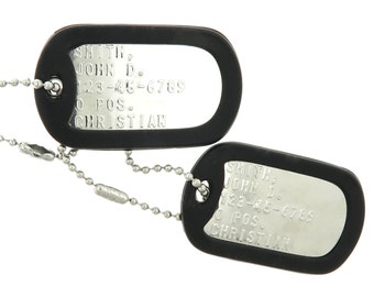 Custom Embossed Personalized Military Shiny Stainless Steel Army Navy USMC AF ID Dog Tags Set