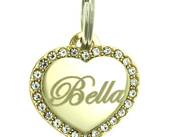 Custom Engraved Personalized Gold-Plated SMALL Heart Shape w/ Cubic Rhinestone Pet Jewelry Cat Dog ID Tag