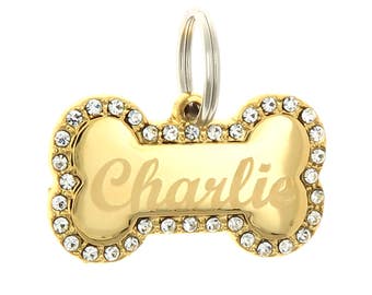 Custom Engraved Personalized Gold-Plated Small Bone Shape w/ Clear Rhinestones Dog Tag Pet ID Name