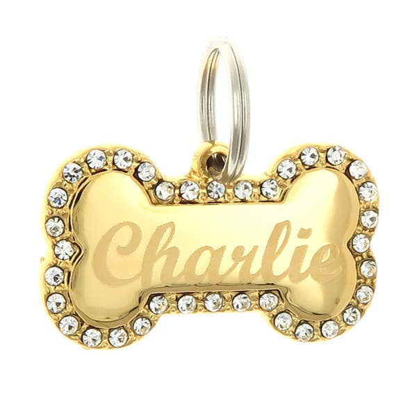 Custom Engraved Personalized Gold-Plated Small Bone Shape w/ Clear Rhinestones Dog Tag Pet ID Name