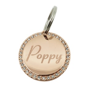 Custom Engraved Personalized Round Rose Gold-Plated Rhinestones Diamante Dog Cat Pet ID Tag