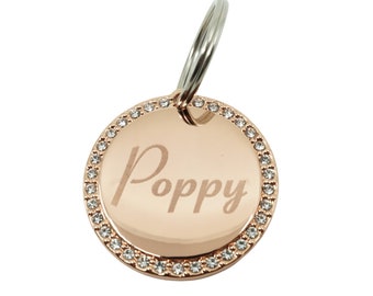 Custom Engraved Personalized Round Rose Gold-Plated Rhinestones Diamante Dog Cat Pet ID Tag