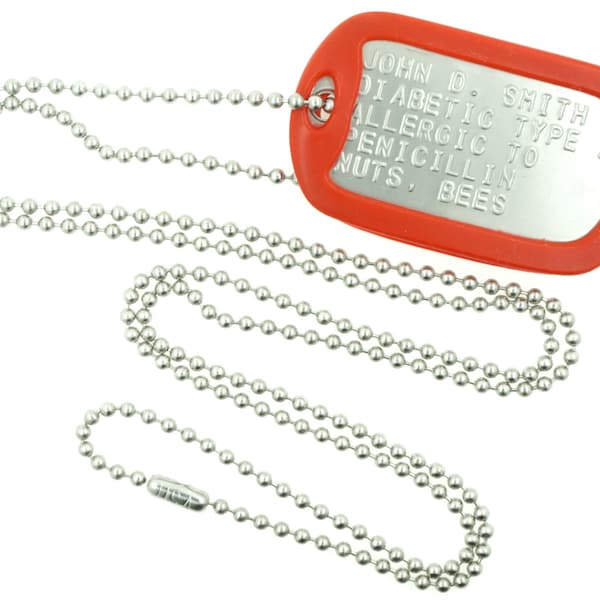 Custom Embossed Medical Alert Info Mililtary ID Stainless Steel Dog Tag Necklace