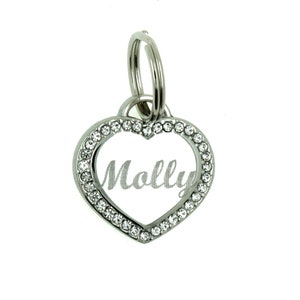 Custom Engraved Personalized Stainless Steel SMALL Heart Shape w/ Cubic Rhinestone Dog Tag Pet ID Name