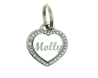 Custom Engraved Personalized Stainless Steel SMALL Heart Shape w/ Cubic Rhinestone Dog Tag Pet ID Name