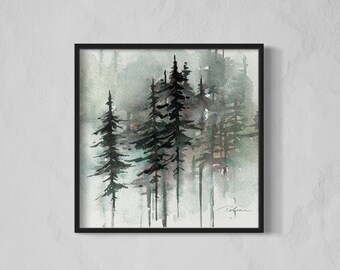 Digital Winter Art Print, Watercolor Trees Digital Download, Neutral Winter Art