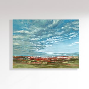 Large Original Oil Painting, Large Blue Cloudy Abstract Landscape, Bright Blue Original Wall Art, Impressionist Landscape image 1