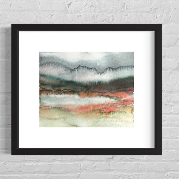 Small Original Abstract Landscape Watercolor Painting, 8x10 horizontal colorful cloudy landscape wall art