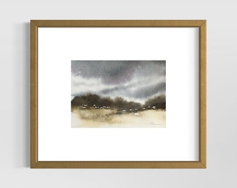 Small 5x7” Original Abstract Watercolor Landscape, Moody landscape Wall Art, Watercolor Countryside