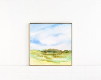 Small Landscape Watercolor Abstract, Square 9x9" Abstract Wall Art, Modern Landscape Loose Watercolor Painting, Summer Painting