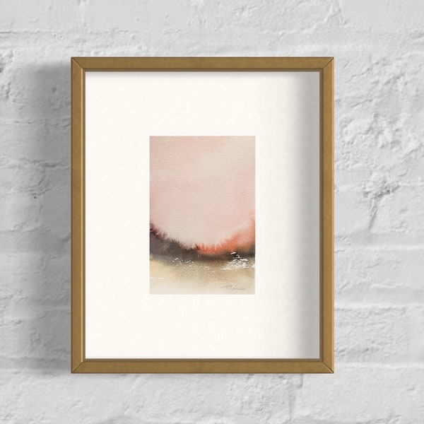 Small 4x6” Original Abstract Watercolor Landscape Painting, Pink skies Miniature Modern Fine Art