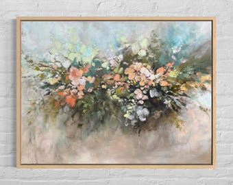 May include: A rectangular painting in a light wood frame featuring an abstract floral arrangement. The composition uses soft brushstrokes of peach, sage green, white, and teal, blending into a neutral, muted beige background with visible texture.