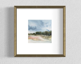Small Original Abstract Watercolor Landscape, square 5x5” Moody abstract watercolor blue green, mini wall art