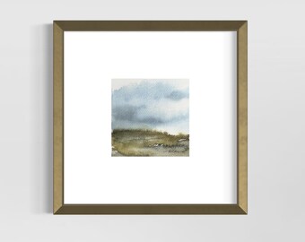 Small 4x4” Original abstract watercolor landscape, small square  moody watercolor painting, Mini wall art original