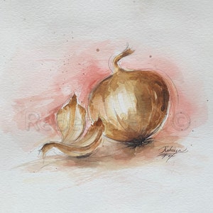 Small Original Watercolor Painting Onion, Kitchen Art, Vegetable Painting, 8x10 Watercolor Still Life Painting
