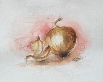 Small Original Watercolor Painting Onion, Kitchen Art, Vegetable Painting, 8x10 Watercolor Still Life Painting
