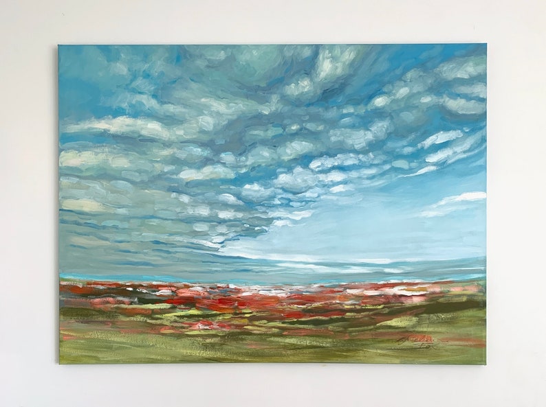 Large Original Oil Painting, Large Blue Cloudy Abstract Landscape, Bright Blue Original Wall Art, Impressionist Landscape image 4