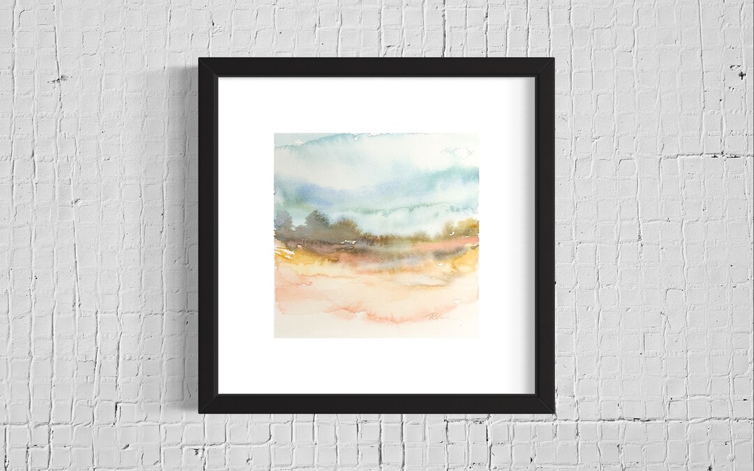 Original Abstract Watercolor Landscapepainting, 8x8 Square Abstract Wall Art, Pink and Blue