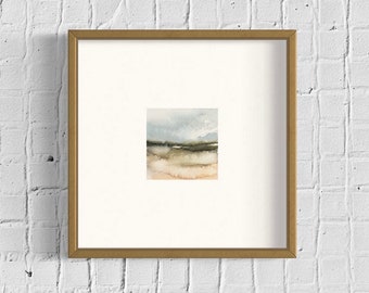 Small 4x4” original abstract watercolor landscape, Miniatire Moody watercolor painting, tiny wall art