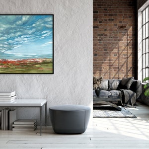 Large Original Oil Painting, Large Blue Cloudy Abstract Landscape, Bright Blue Original Wall Art, Impressionist Landscape image 5