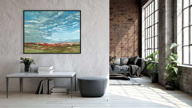 Large Original Oil Painting, Large Blue Cloudy Abstract Landscape, Bright Blue Original Wall Art, Impressionist Landscape image 5