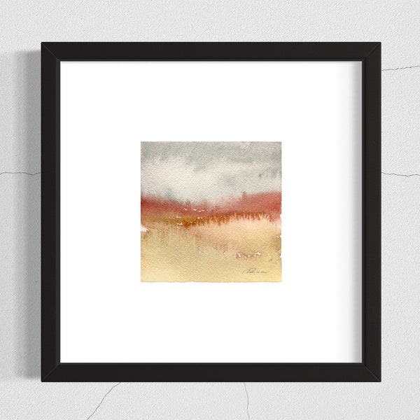 Small Original Abstract Landscape Watercolor Painting,  4x4” Square landscape Wall Art Pink and Gray