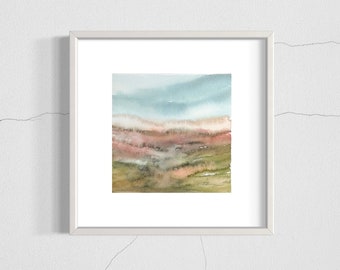 Small Abstract original watercolor Landscape Painting, Watercolor countryside wall art, small unframed art 8x8" pink and blue