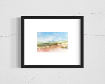 Small Original Abstract Watercolor Landscape, 5x7 Horizontal landscape, Summer Sky Wall Art