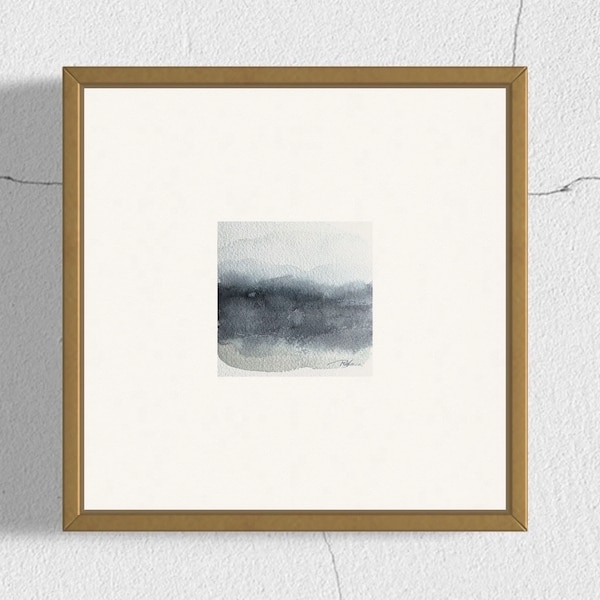 Mini 4x4” original abstract watercolor, small square  navy and white watercolor painting, tiny art original landscape