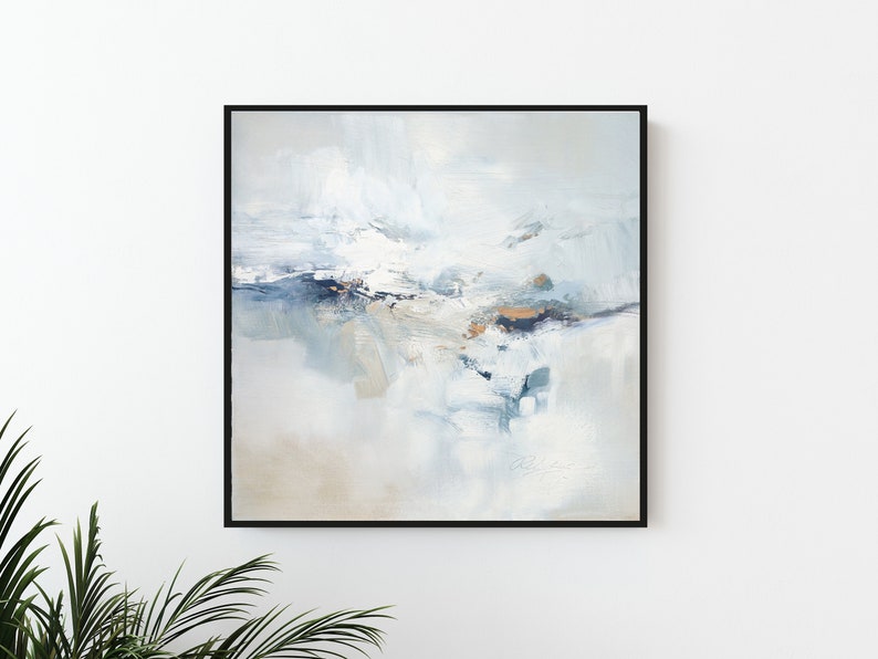 Digital Art Download, Abstract Oil Painting Art print digital, Instant Download, White and Blue Abstract Wall Art Print Square image 1