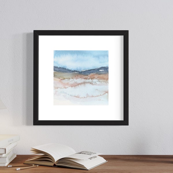Small Original Abstract Watercolor Landscape Painting, Cloudy Landscape Abstract 8x8”, Modern Square Wall Art