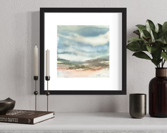 Original Fine art Abstract Watercolor Painting, square 9x9" Moody Abstract Mountain Countryside Painting, original Wall Art