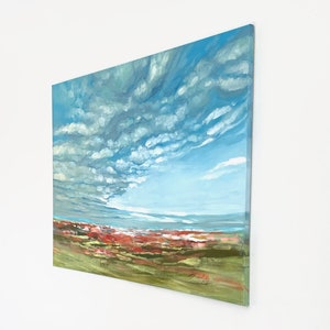 Large Original Oil Painting, Large Blue Cloudy Abstract Landscape, Bright Blue Original Wall Art, Impressionist Landscape image 3
