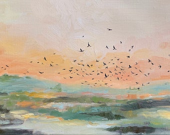 Original Art Painting, Oil Painting On Canvas, Landscape Painting Abstract, Small Abstract Landscape, Birds Landscape Painting, 10x20 art