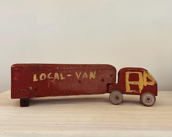 Vintage Handmade Wooden Toy Truck – Folk Art Primitive Red Paint – 1940s-50s Americana