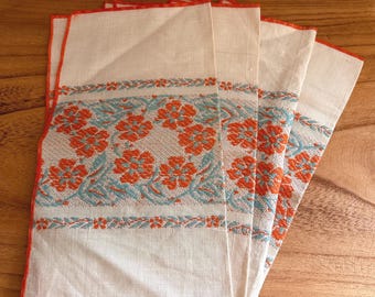 Vintage Embroidered Linen Napkins Set of 4 | Orange & Teal Floral Mid Century Table Linens