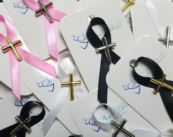 Cross Ribbon Lapel Pin: Gold or Silver Zinc Alloy, Funeral Mourner Supplies