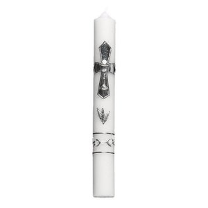 12" Wonderful First Holy Communion Thick Candle has a Silver Cross with Chalice and Wheat Design