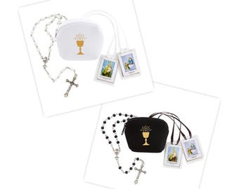 First Communion Gift Kit Rosary and scapular present keep rosary bag with chalice image boy and girl gender neutral white and black