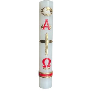 May include: A white candle with gold and red decorations. The candle has the letters "A" and "Ω" on it, as well as a cross.