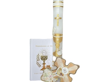 Neutral First Communion Set: Candle, Wooden Cross, Missal Book