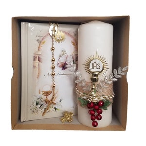 Conjunto de 4 peças para a Primeira Comunhão Sagrada em espanhol e inglês, presente de lembrança