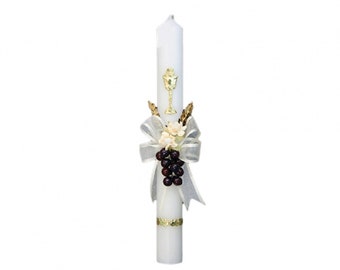 First Communion Candle: 12" Chalice, Wheat & Grapes