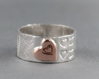 Silver and Copper Stamped Textured Heart Ring Band