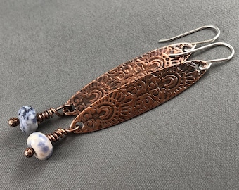 Long embossed patterned copper and bead earrings