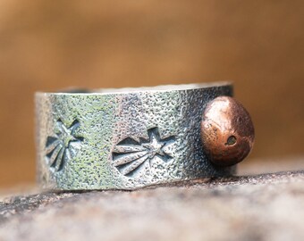 Rustic Silver Copper Moon and Stars Ring