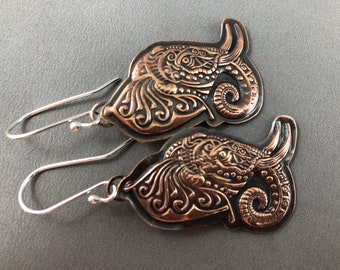 Copper Eastern Style Elephant Embossed Earrings