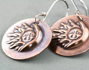 Copper Sunburst Sun Face Round Hammered Embossed Dangle Boho Gypsy Earrings