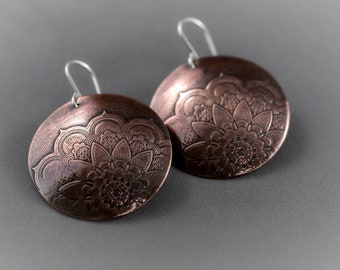 Round Embossed Copper Mandala Boho Gypsy Earrings