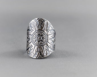 Sterling Silver Mandala Shield Saddle Ring